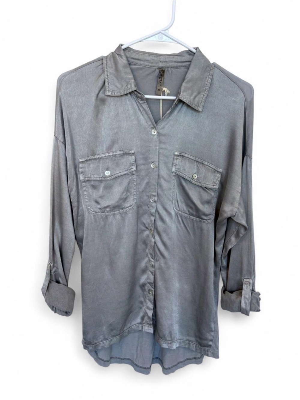 NWT XCVI Buttery Soft Washed Satin Button Up Shirt XS Roll Tab Sleeves Silver